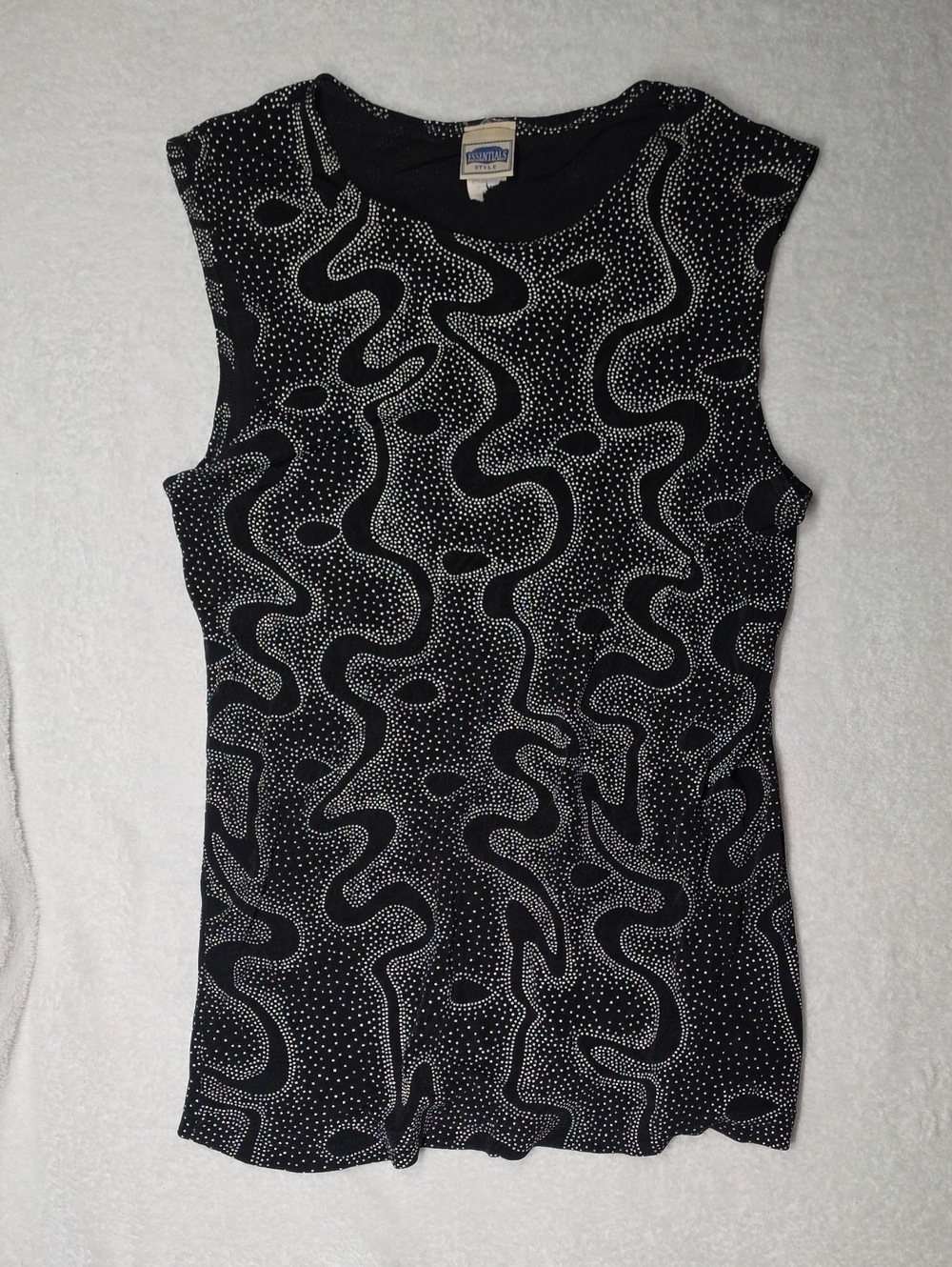Essentials Black Sleeveless Tank with White Abstract Dot Swirl